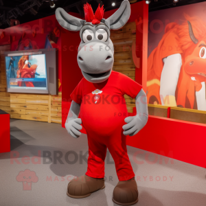 Red Donkey mascot costume character dressed with a Tank Top and Shoe laces