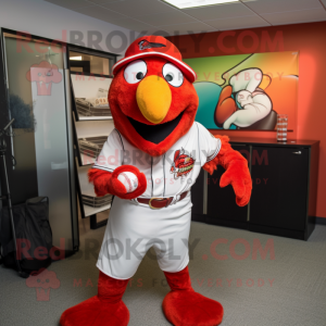 Red Tandoori Chicken mascot costume character dressed with a Baseball Tee and Earrings