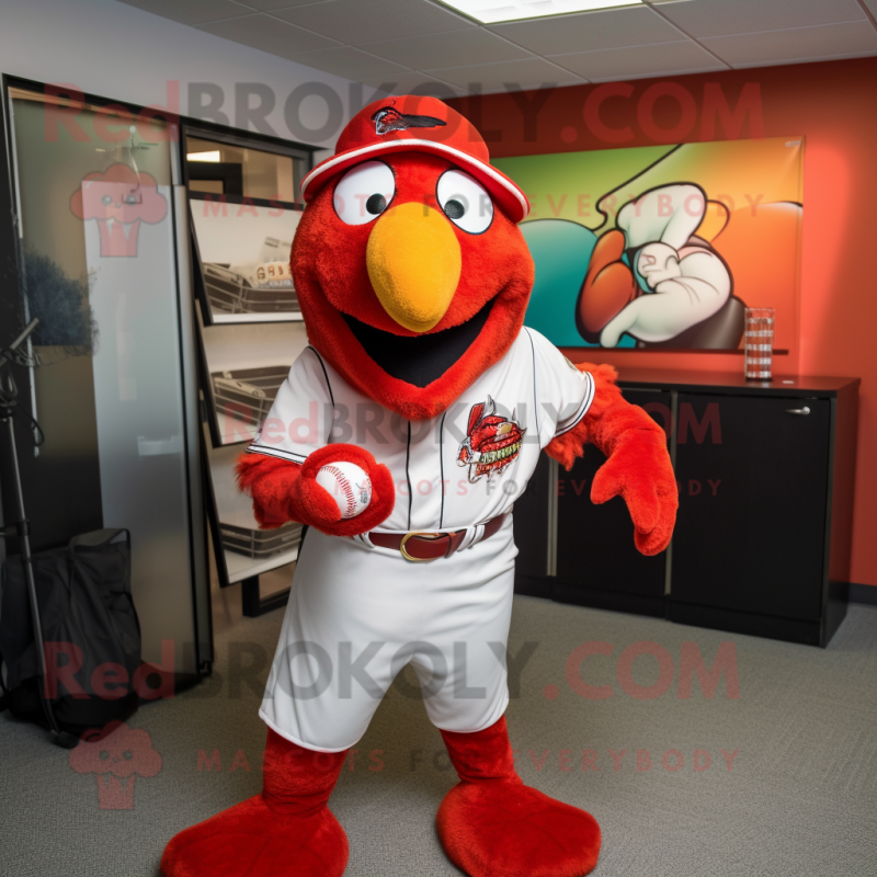 Red Tandoori Chicken mascot costume character dressed with a Baseball Tee and Earrings Red Tandoori Chicken mascot costume character dressed with a Baseball Tee and Earrings