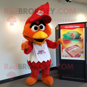 Red Tandoori Chicken mascot costume character dressed with a Baseball Tee and Earrings