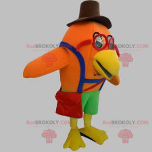 Mascotte d'oiseau orange avec des lunettes et un chapeau -