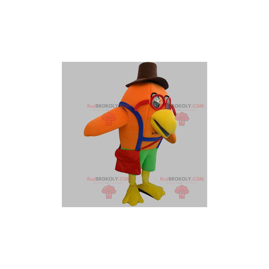 Mascotte d'oiseau orange avec des lunettes et un chapeau -
