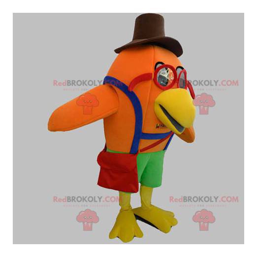 Mascotte d'oiseau orange avec des lunettes et un chapeau -