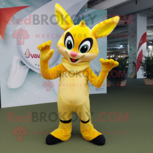 Lemon Yellow Gazelle mascot costume character dressed with a Flare Jeans and Mittens