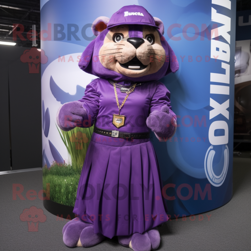 Purple Puma mascot costume character dressed with a Maxi Skirt and Berets