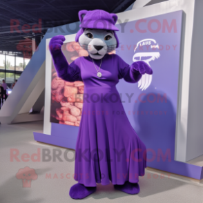 Purple Puma mascot costume character dressed with a Maxi Skirt and Berets