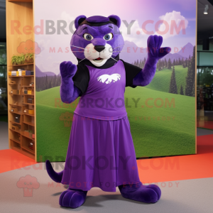 Purple Puma mascot costume character dressed with a Maxi Skirt and Berets