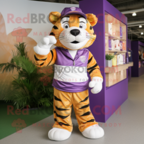 Purple Tiger mascot costume character dressed with a Cargo Shorts and Brooches