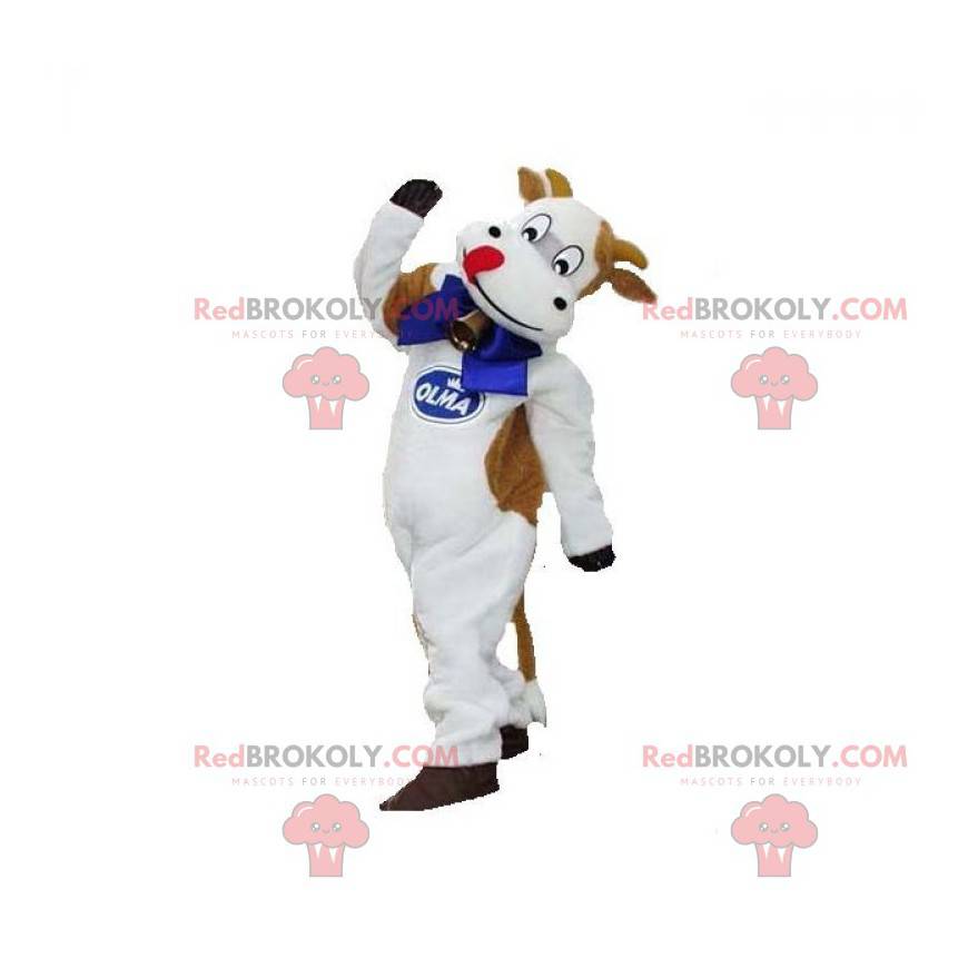 Mascot vaca blanca y marrón con una campana - Redbrokoly.com