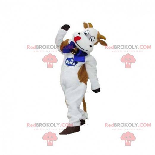 Mascotte mucca bianca e marrone con una campana - Redbrokoly.com