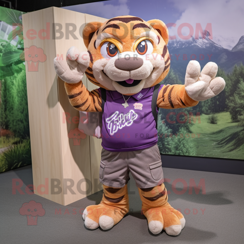 Purple Tiger mascot costume character dressed with a Cargo Shorts and Brooches Purple Tiger mascot costume character dressed with a Cargo Shorts and Brooches