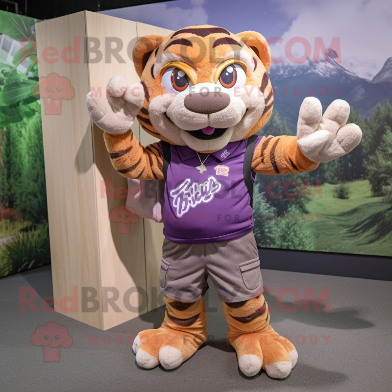 Purple Tiger mascot costume character dressed with a Cargo Shorts and Brooches