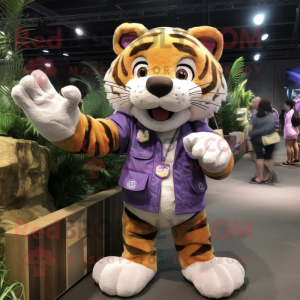 Purple Tiger mascot costume character dressed with a Cargo Shorts and Brooches