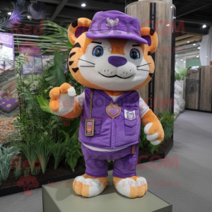 Purple Tiger mascot costume character dressed with a Cargo Shorts and Brooches