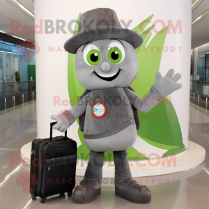 Gray Spinach mascot costume character dressed with a Flare Jeans and Briefcases