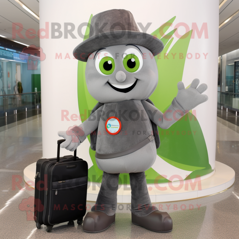 Gray Spinach mascot costume character dressed with a Flare Jeans and Briefcases