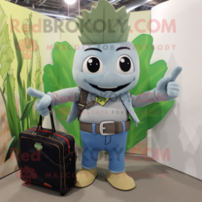 Gray Spinach mascot costume character dressed with a Flare Jeans and Briefcases