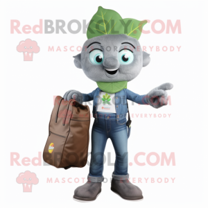 Gray Spinach mascot costume character dressed with a Flare Jeans and Briefcases