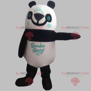 Sorridere della mascotte del panda bianco e blu nero -