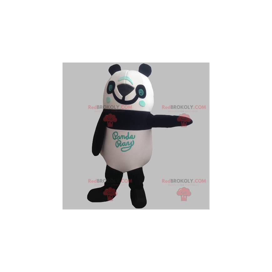 Black white and blue panda mascot smiling - Redbrokoly.com