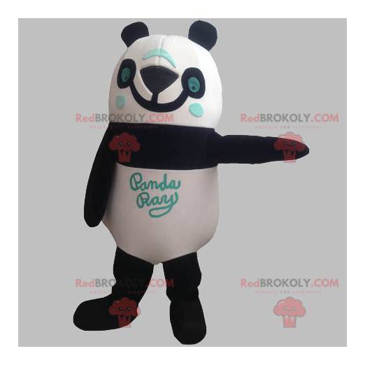 Sorridere della mascotte del panda bianco e blu nero -