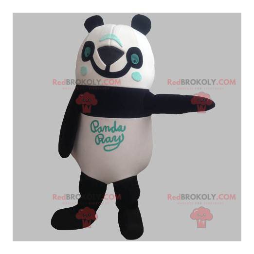 Černá, bílá a modrá panda maskot s úsměvem - Redbrokoly.com