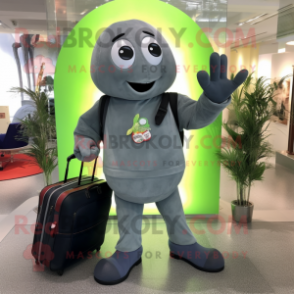 Gray Spinach mascot costume character dressed with a Flare Jeans and Briefcases