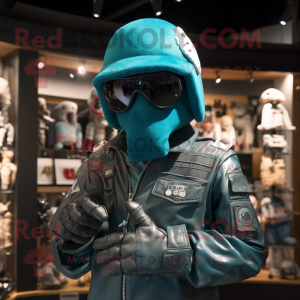 Teal Soldier mascot costume character dressed with a Biker Jacket and Scarf clips