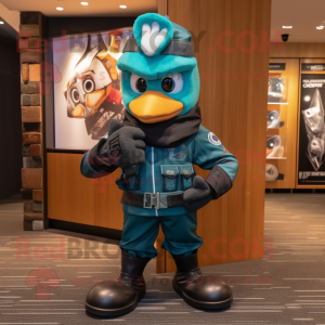 Teal Soldier mascot costume character dressed with a Biker Jacket and Scarf clips