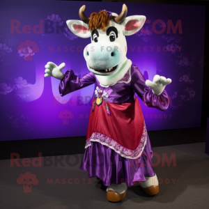Purple Zebu mascot costume character dressed with a Ball Gown and Headbands