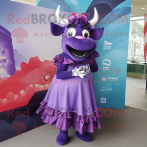 Purple Zebu mascot costume character dressed with a Ball Gown and Headbands