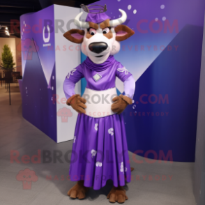 Purple Zebu mascot costume character dressed with a Ball Gown and Headbands