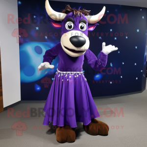 Purple Zebu mascot costume character dressed with a Ball Gown and Headbands