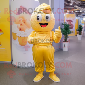 Yellow Ice Cream mascot costume character dressed with a Trousers and Watches