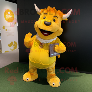 Yellow Bull mascot costume character dressed with a Corduroy Pants and Coin purses