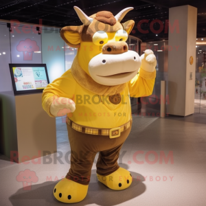 Yellow Bull mascot costume character dressed with a Corduroy Pants and Coin purses
