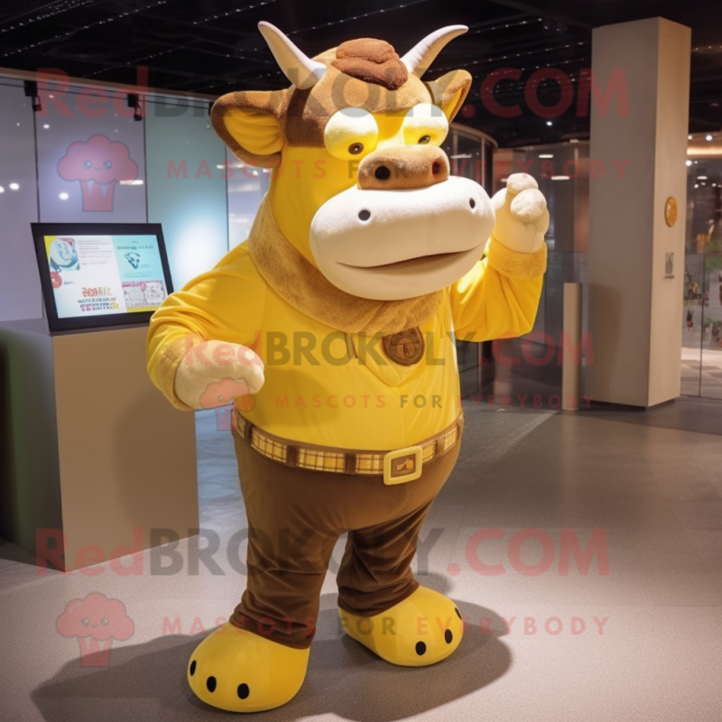 Yellow Bull mascot costume character dressed with a Corduroy Pants and Coin purses