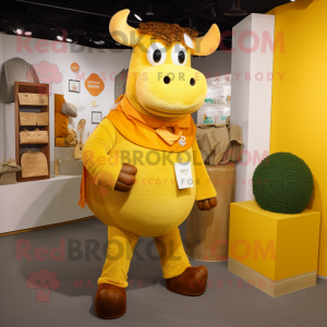 Yellow Bull mascot costume character dressed with a Corduroy Pants and Coin purses