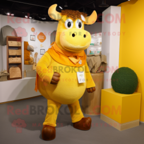 Yellow Bull mascot costume character dressed with a Corduroy Pants and Coin purses