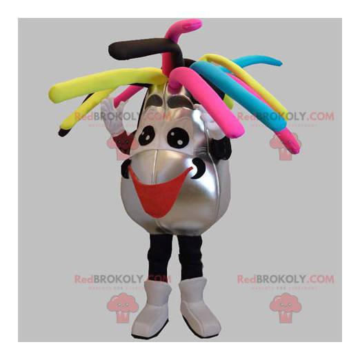 Mascot silver and black snowman with colored hair -