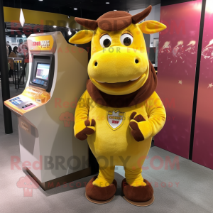 Yellow Bull mascot costume character dressed with a Corduroy Pants and Coin purses