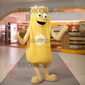 Beige Bottle Of Mustard mascot costume character dressed with a Playsuit and Tote bags