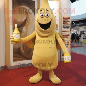 Beige Bottle Of Mustard mascot costume character dressed with a Playsuit and Tote bags
