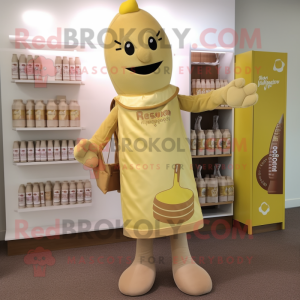 Beige Bottle Of Mustard mascot costume character dressed with a Playsuit and Tote bags