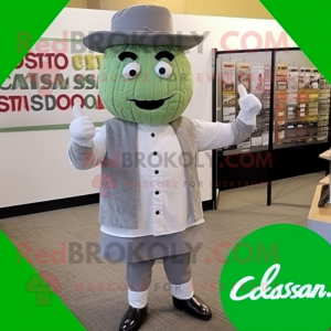 Gray Caesar Salad mascot costume character dressed with a Button-Up Shirt and Hats