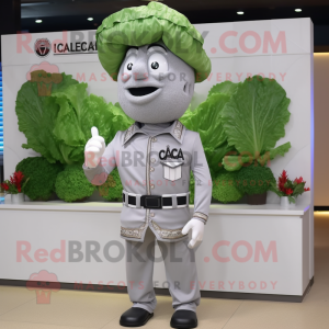 Gray Caesar Salad mascot costume character dressed with a Button-Up Shirt and Hats