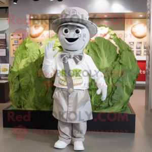 Gray Caesar Salad mascot costume character dressed with a Button-Up Shirt and Hats