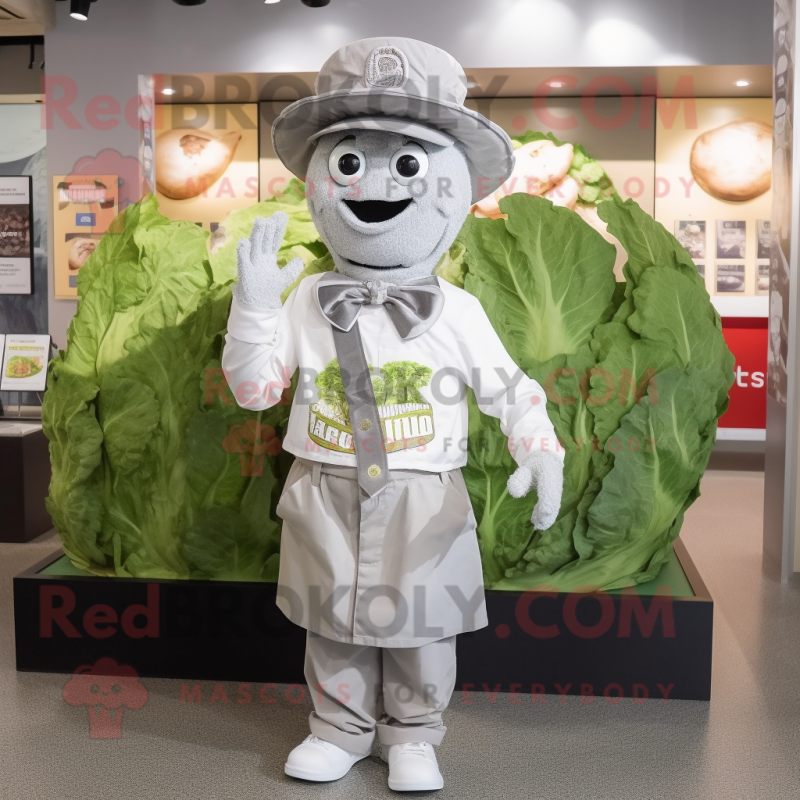 Gray Caesar Salad mascot costume character dressed with a Button-Up Shirt and Hats Gray Caesar Salad mascot costume character dressed with a Button-Up Shirt and Hats