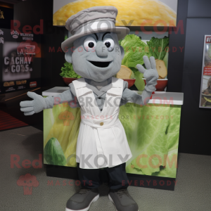 Gray Caesar Salad mascot costume character dressed with a Button-Up Shirt and Hats