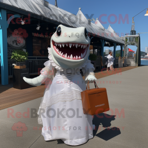 Rust Megalodon mascot costume character dressed with a Wedding Dress and Tote bags